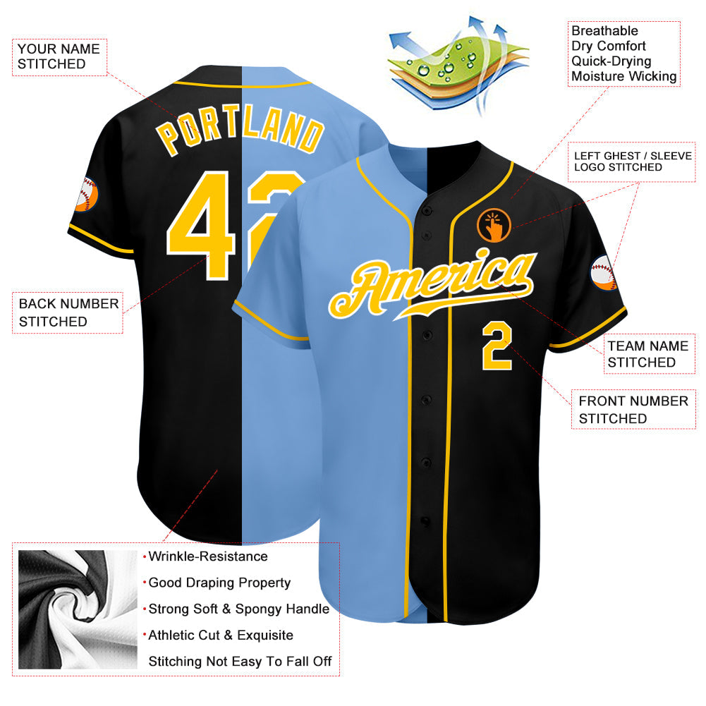 Custom Black Gold-Light Blue Authentic Split Fashion Baseball Jersey - Sky-Custom