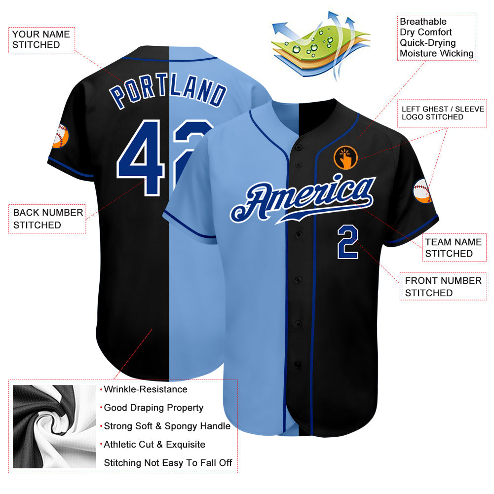 Custom Black Royal-Light Blue Authentic Split Fashion Baseball Jersey - Sky-Custom