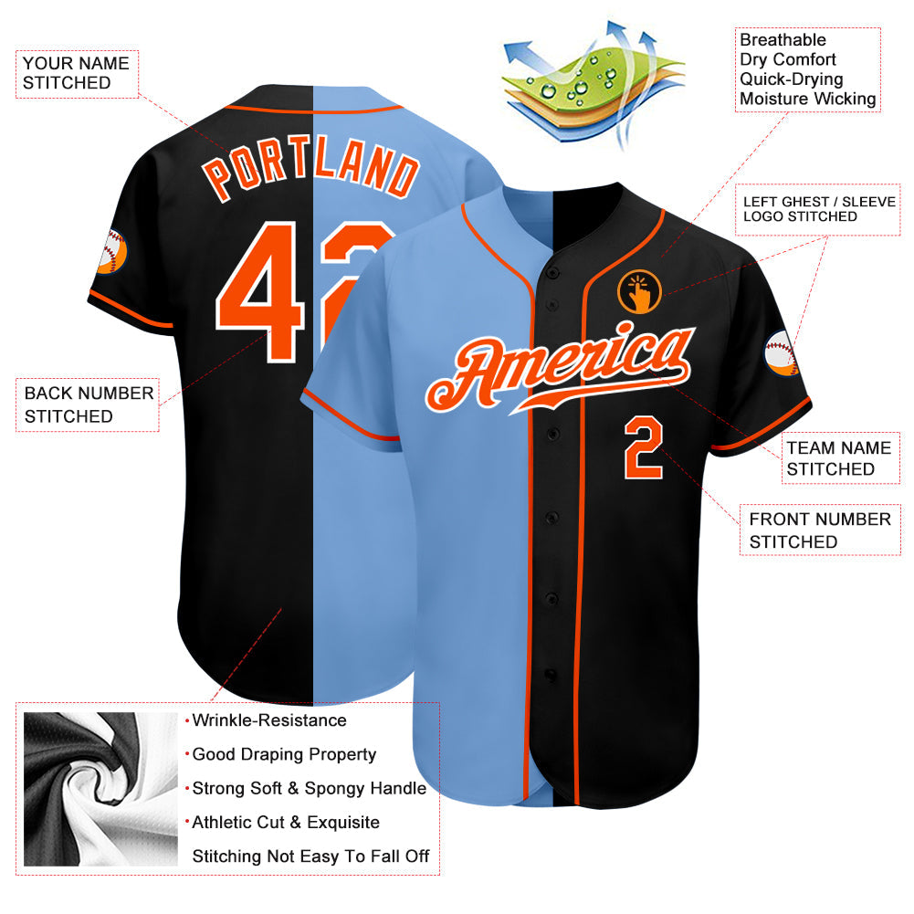 Custom Black Orange-Light Blue Authentic Split Fashion Baseball Jersey - Sky-Custom