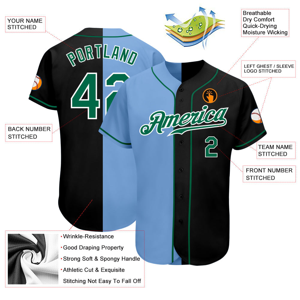 Custom Black Kelly Green-Light Blue Authentic Split Fashion Baseball Jersey - Sky-Custom