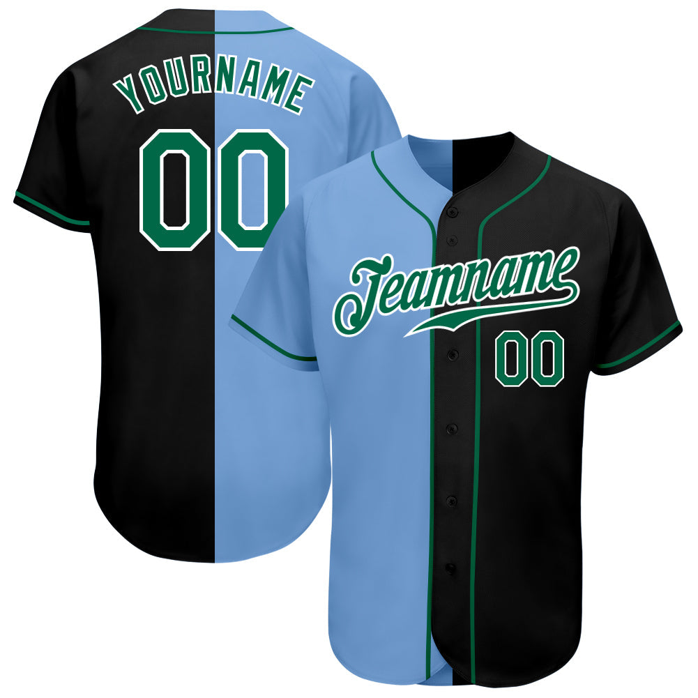 Custom Black Kelly Green-Light Blue Authentic Split Fashion Baseball Jersey - Sky-Custom