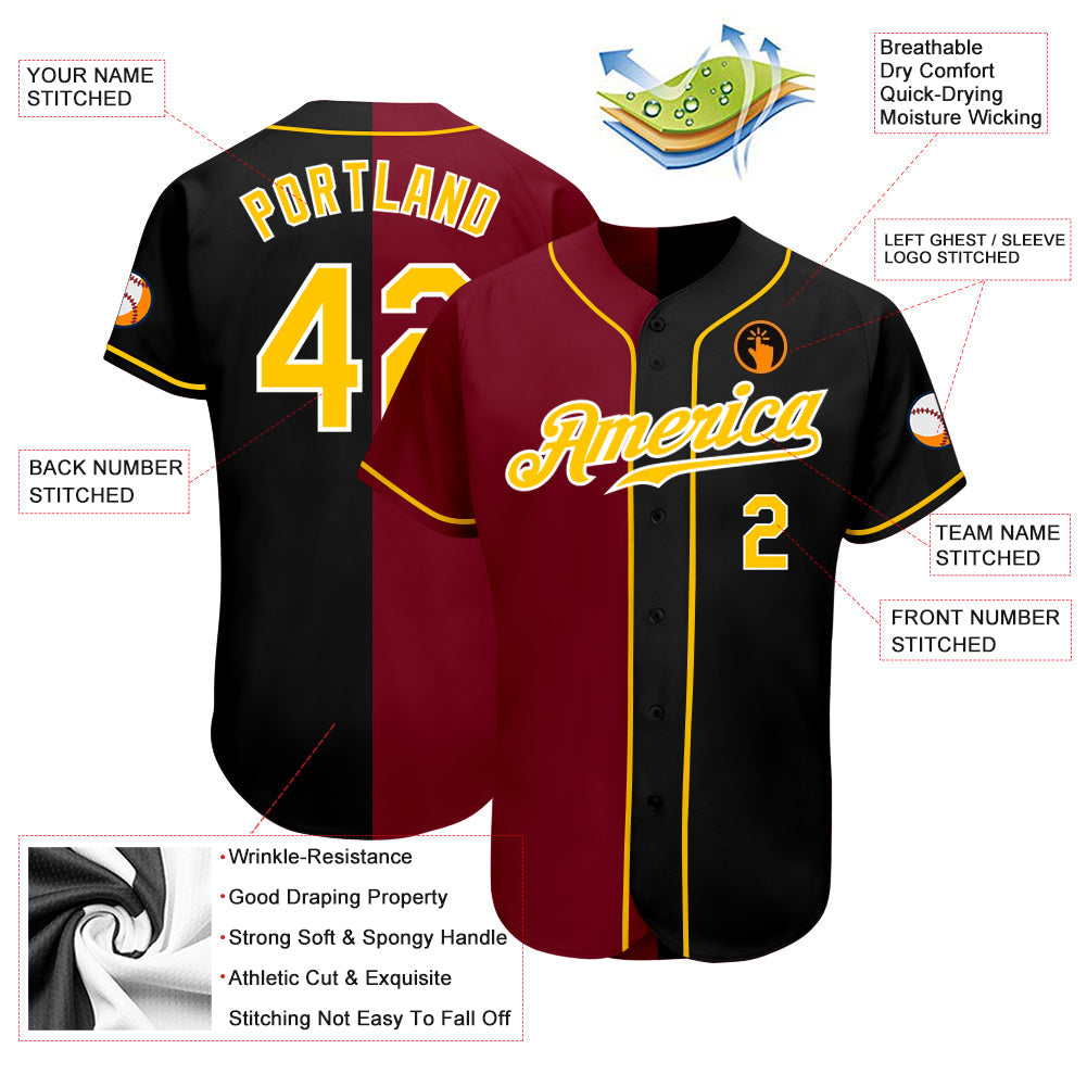 Custom Black Gold-Crimson Authentic Split Fashion Baseball Jersey - Sky-Custom