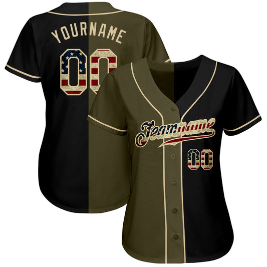 Custom Black Vintage USA Flag-Olive Authentic Split Fashion Baseball Jersey - Sky-Custom