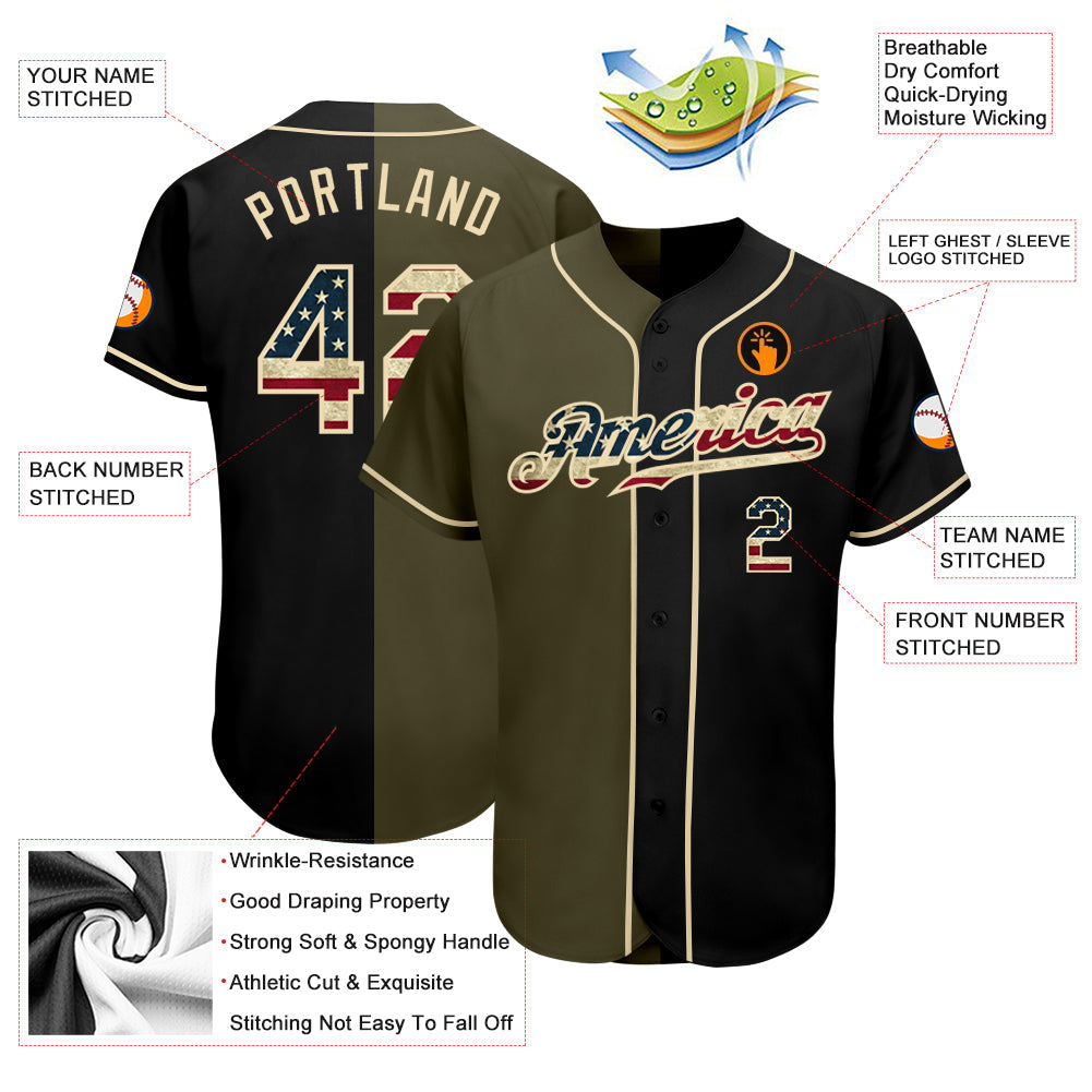 Custom Black Vintage USA Flag-Olive Authentic Split Fashion Baseball Jersey - Sky-Custom