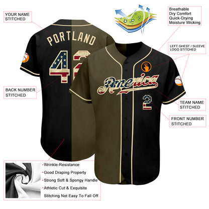 Custom Black Vintage USA Flag-Olive Authentic Split Fashion Baseball Jersey - Sky-Custom