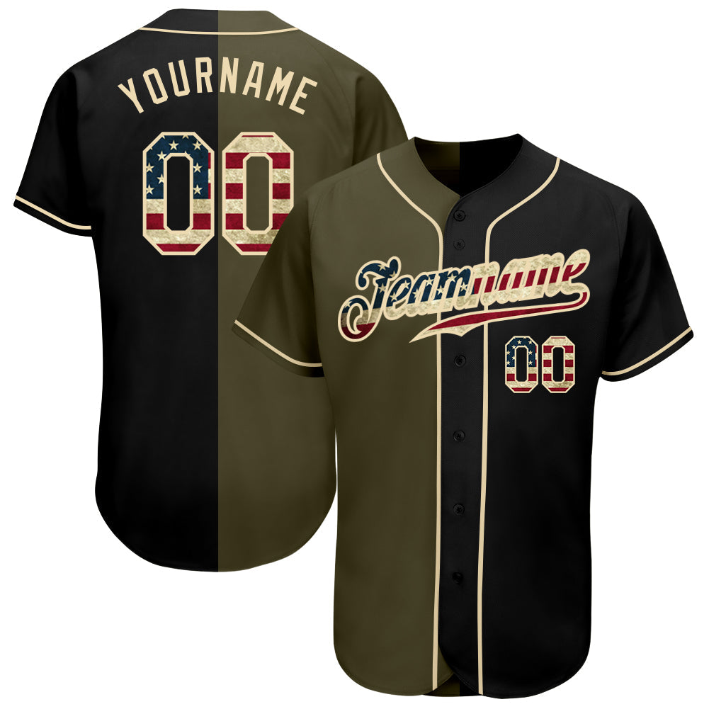 Custom Black Vintage USA Flag-Olive Authentic Split Fashion Baseball Jersey - Sky-Custom