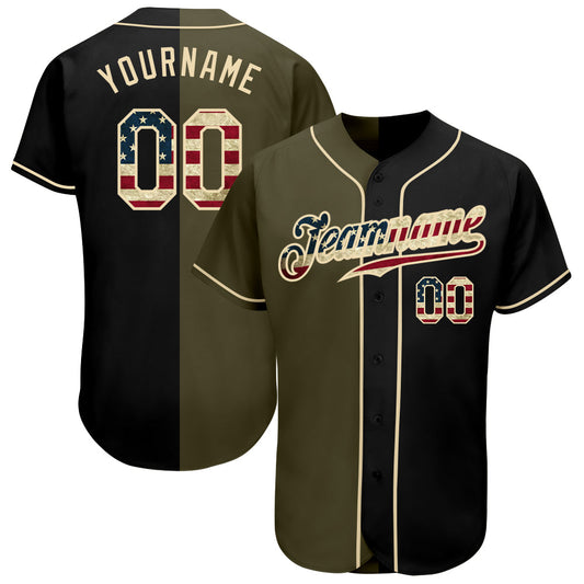 Custom Black Vintage USA Flag-Olive Authentic Split Fashion Baseball Jersey - Sky-Custom