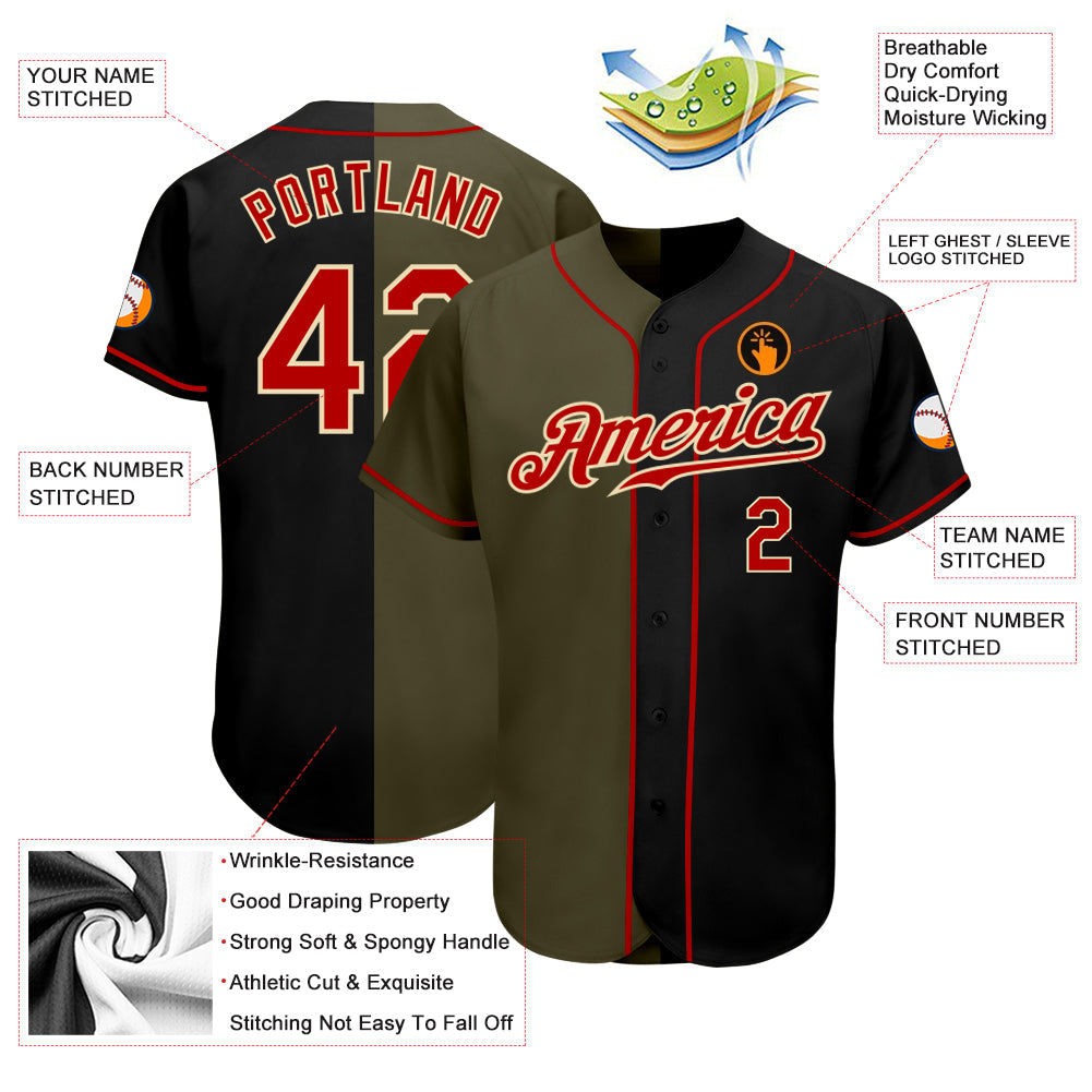 Custom Black Red-Olive Authentic Split Fashion Baseball Jersey - Sky-Custom
