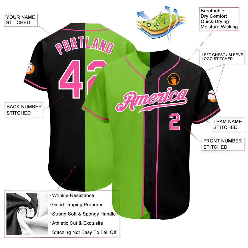 Custom Black Pink-Neon Green Authentic Split Fashion Baseball Jersey - Sky-Custom