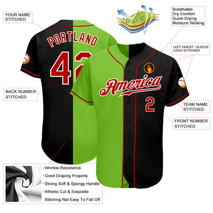 Custom Black Red-Neon Green Authentic Split Fashion Baseball Jersey - Sky-Custom