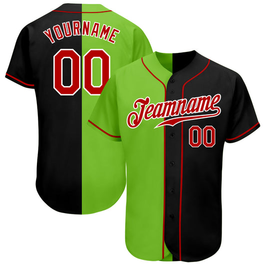 Custom Black Red-Neon Green Authentic Split Fashion Baseball Jersey - Sky-Custom