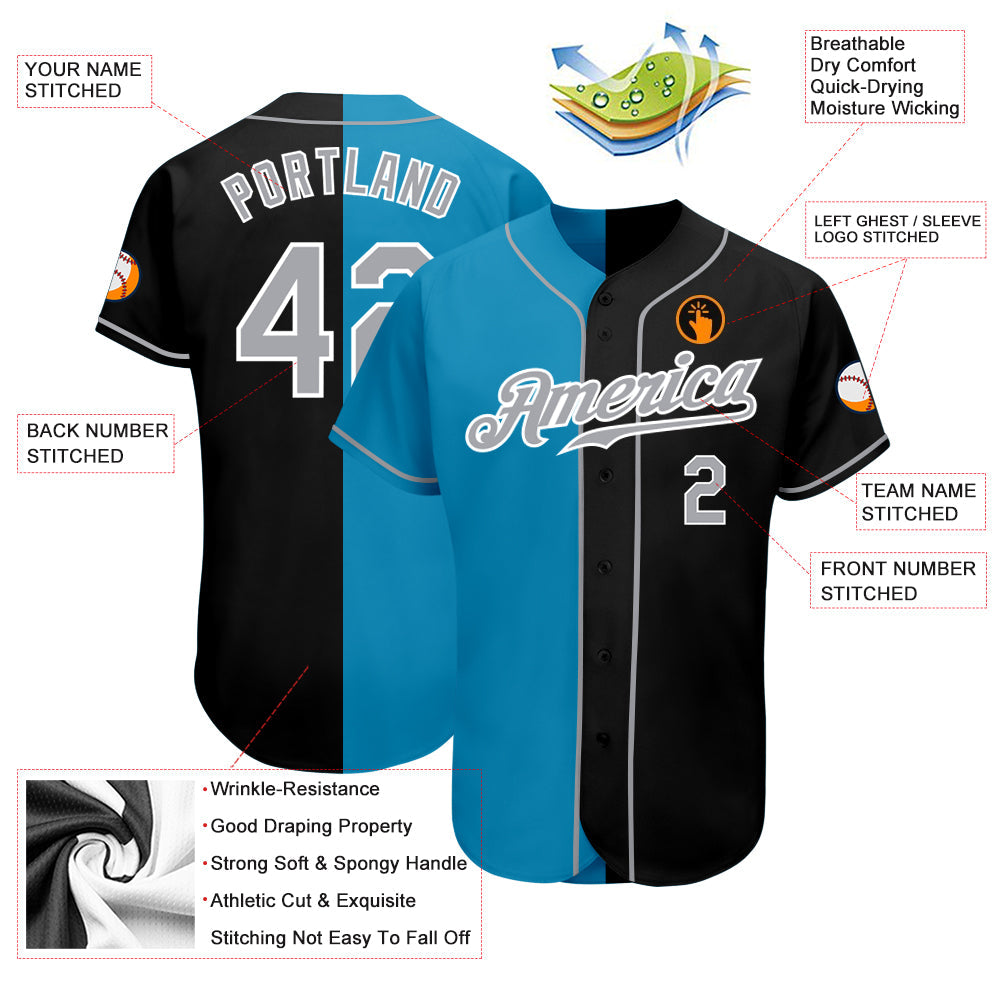 Custom Black Gray-Panther Blue Authentic Split Fashion Baseball Jersey - Sky-Custom