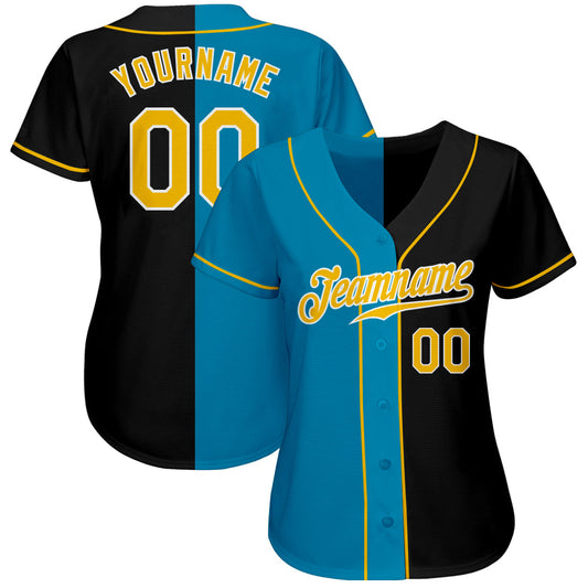 Custom Black Gold-Panther Blue Authentic Split Fashion Baseball Jersey - Sky-Custom