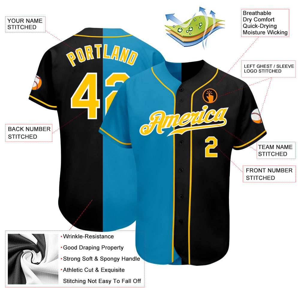 Custom Black Gold-Panther Blue Authentic Split Fashion Baseball Jersey - Sky-Custom