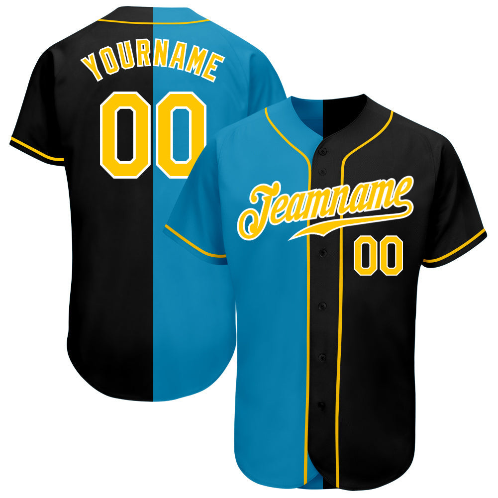 Custom Black Gold-Panther Blue Authentic Split Fashion Baseball Jersey - Sky-Custom