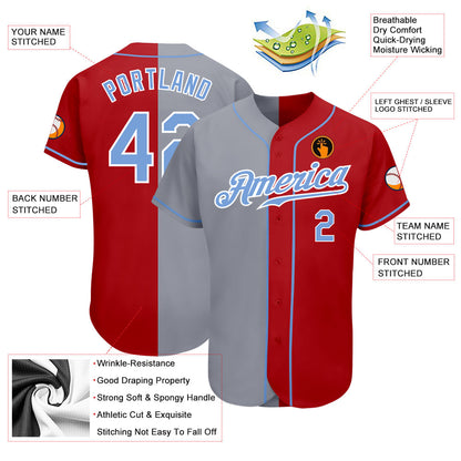 Custom Red Light Blue-Gray Authentic Split Fashion Baseball Jersey - Sky-Custom