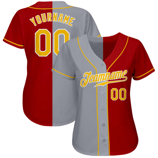 Custom Red Gold-Gray Authentic Split Fashion Baseball Jersey - Sky-Custom