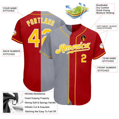 Custom Red Gold-Gray Authentic Split Fashion Baseball Jersey - Sky-Custom