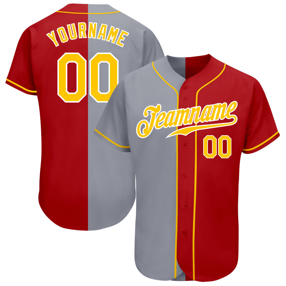 Custom Red Gold-Gray Authentic Split Fashion Baseball Jersey - Sky-Custom