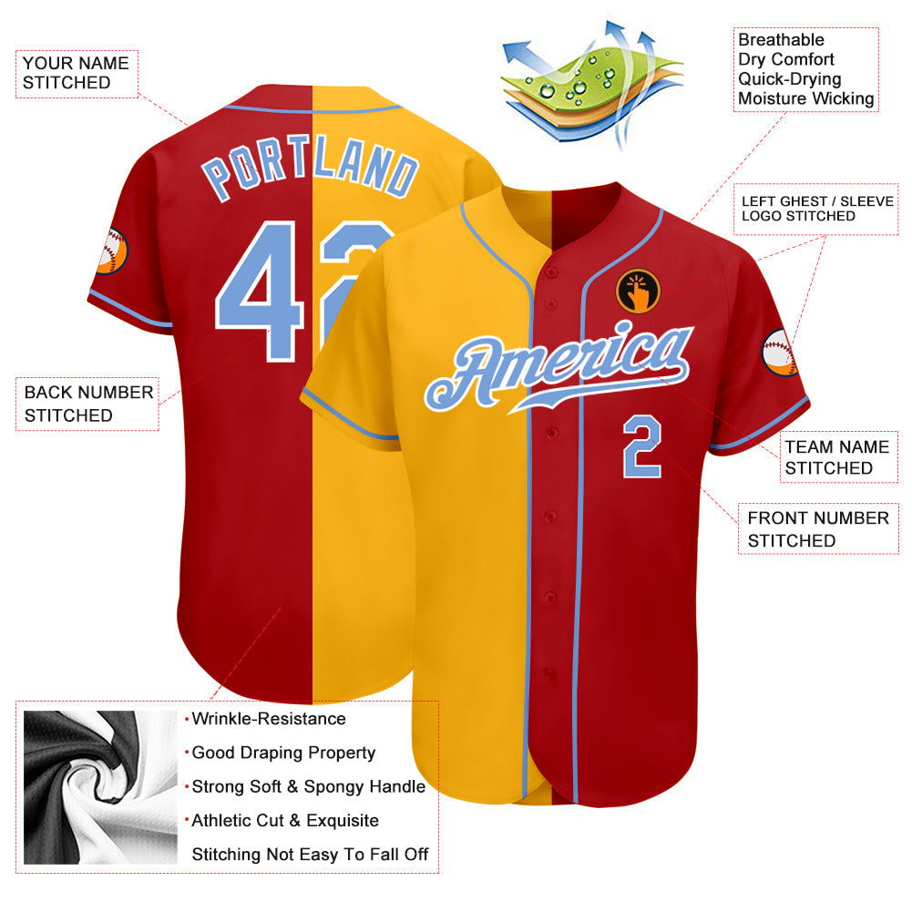 Custom Red Light Blue-Yellow Authentic Split Fashion Baseball Jersey - Sky-Custom