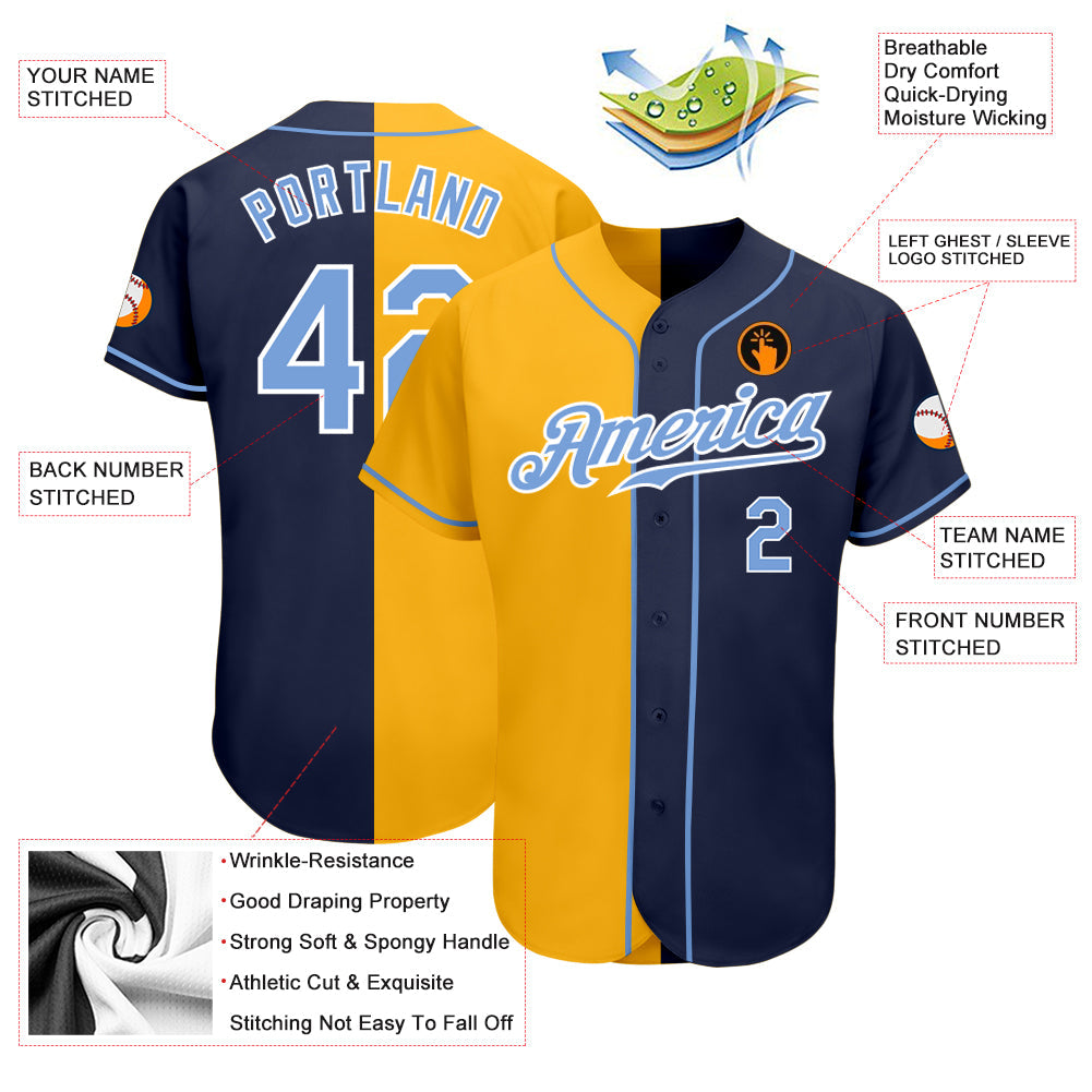 Custom Navy Light Blue-Yellow Authentic Split Fashion Baseball Jersey - Sky-Custom