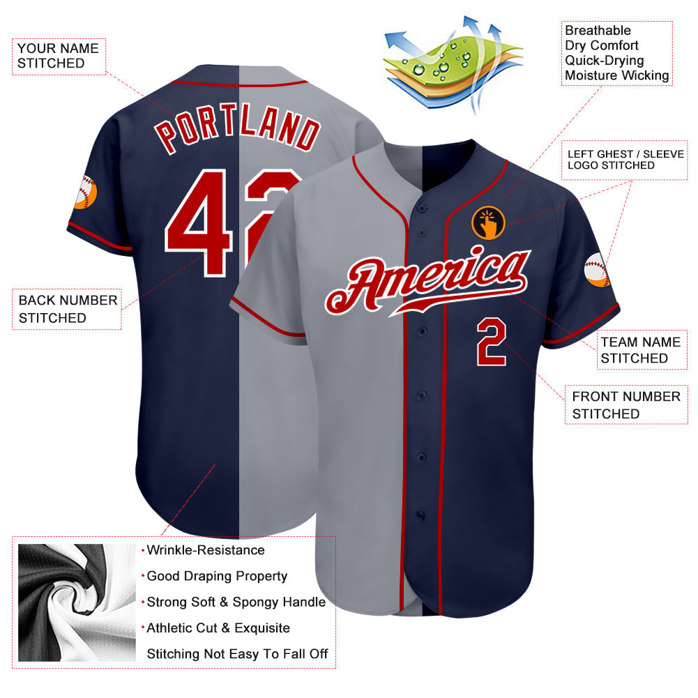 Custom Navy Red-Gray Authentic Split Fashion Baseball Jersey - Sky-Custom