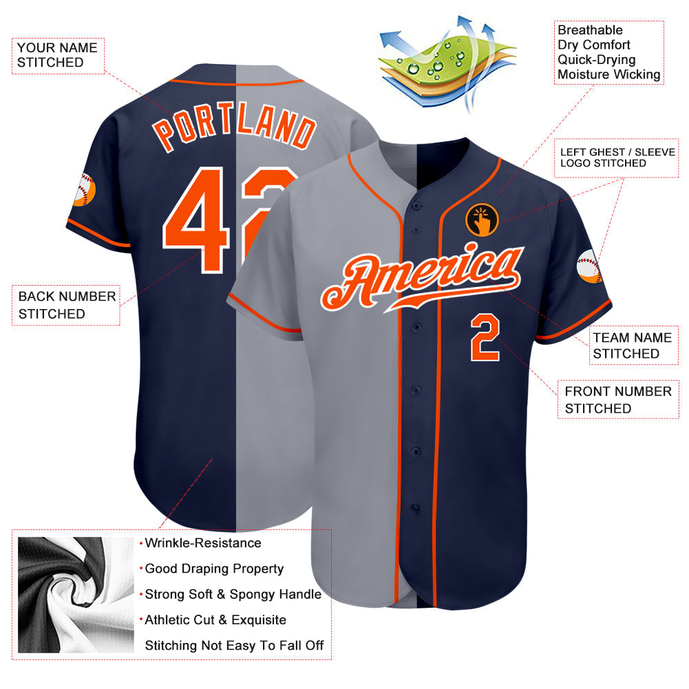 Custom Navy Orange-Gray Authentic Split Fashion Baseball Jersey - Sky-Custom