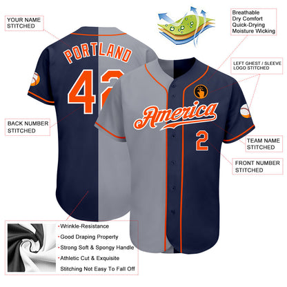 Custom Navy Orange-Gray Authentic Split Fashion Baseball Jersey - Sky-Custom