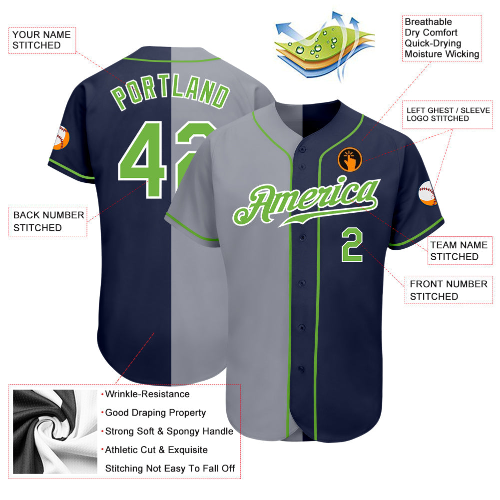 Custom Navy Neon Green-Gray Authentic Split Fashion Baseball Jersey - Sky-Custom