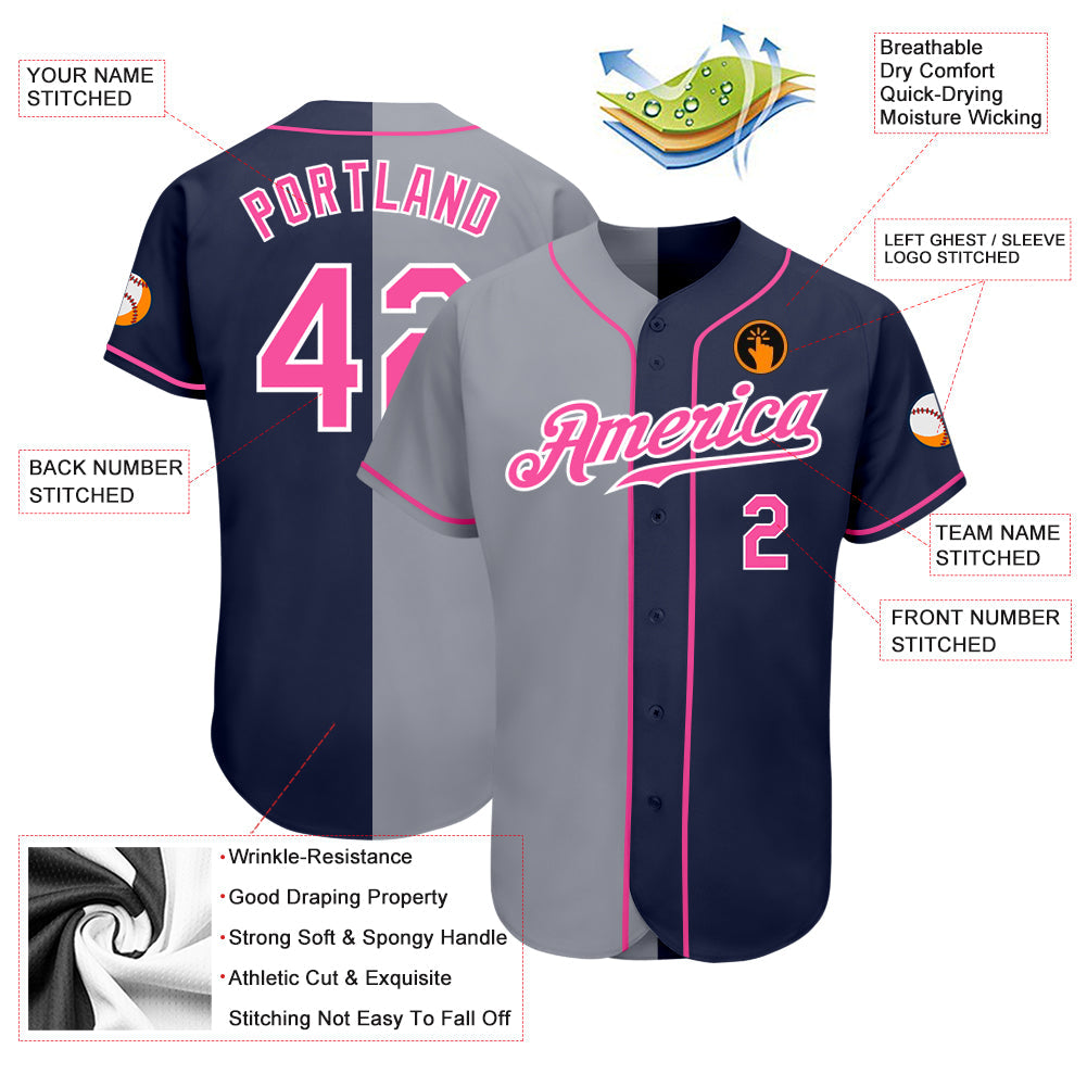 Custom Navy Pink-Gray Authentic Split Fashion Baseball Jersey - Sky-Custom