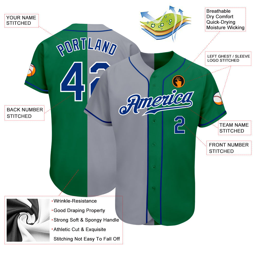 Custom Kelly Green Royal-Gray Authentic Split Fashion Baseball Jersey - Sky-Custom