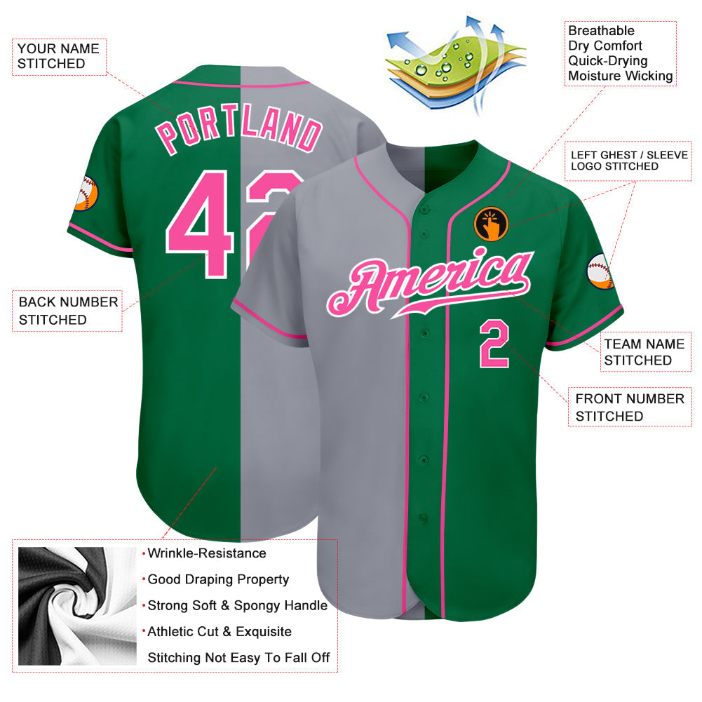 Custom Kelly Green Pink-Gray Authentic Split Fashion Baseball Jersey - Sky-Custom