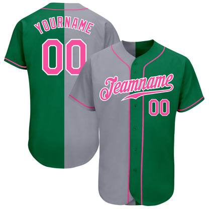Custom Kelly Green Pink-Gray Authentic Split Fashion Baseball Jersey - Sky-Custom