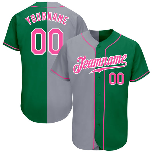 Custom Kelly Green Pink-Gray Authentic Split Fashion Baseball Jersey - Sky-Custom