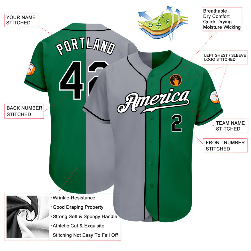 Custom Kelly Green Black-Gray Authentic Split Fashion Baseball Jersey - Sky-Custom