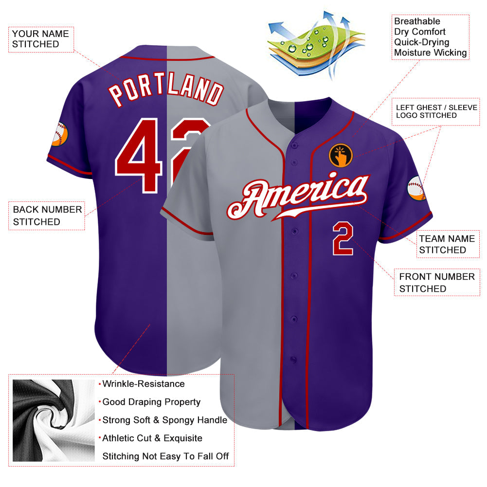 Custom Purple Red-Gray Authentic Split Fashion Baseball Jersey - Sky-Custom