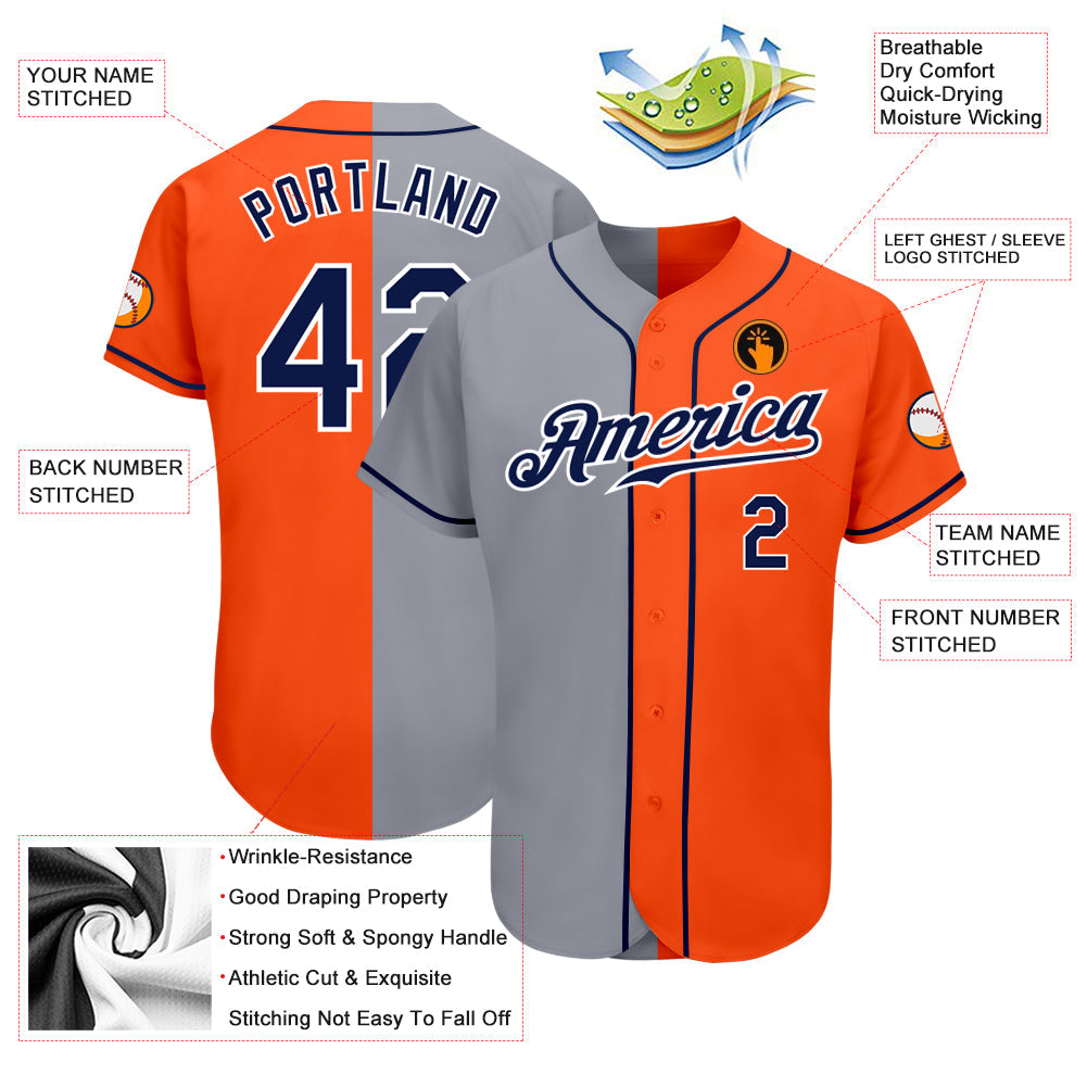 Custom Orange Navy-Gray Authentic Split Fashion Baseball Jersey - Sky-Custom