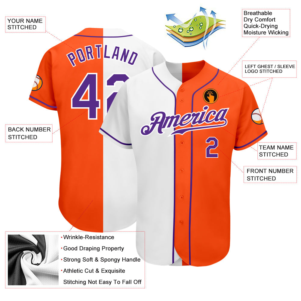 Custom Orange Purple-White Authentic Split Fashion Baseball Jersey - Sky-Custom