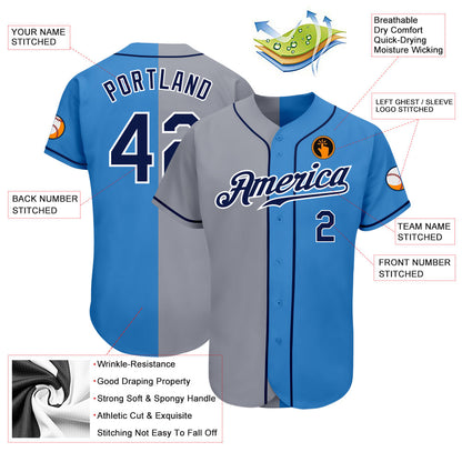 Custom Powder Blue Navy-Gray Authentic Split Fashion Baseball Jersey - Sky-Custom