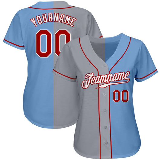Custom Light Blue Red-Gray Authentic Split Fashion Baseball Jersey - Sky-Custom