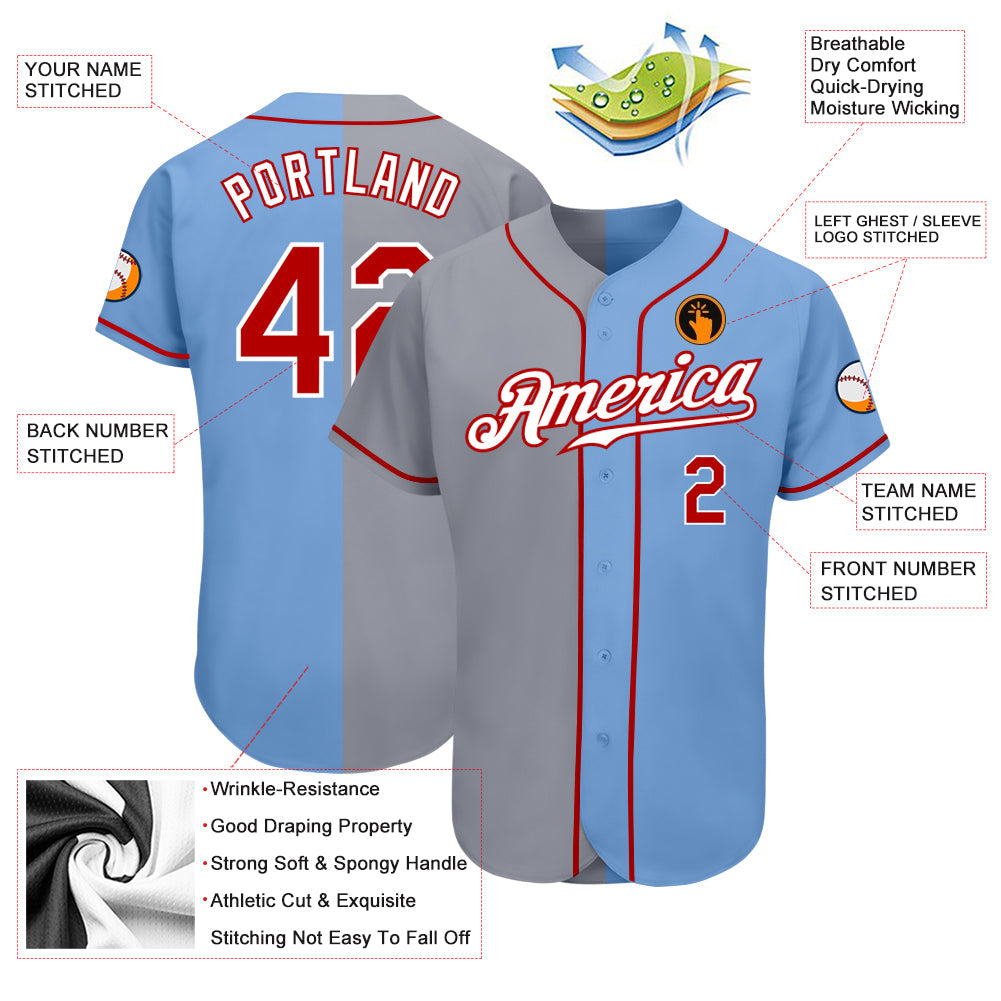 Custom Light Blue Red-Gray Authentic Split Fashion Baseball Jersey - Sky-Custom