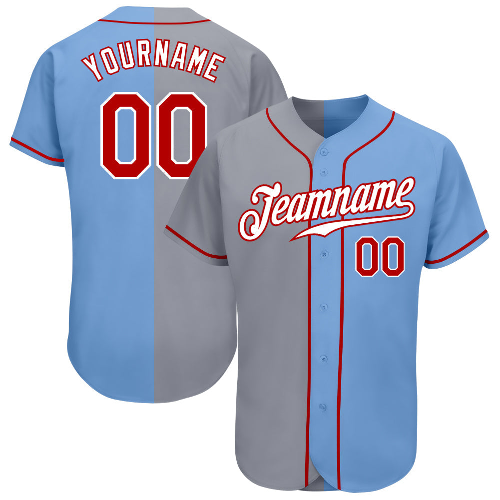 Custom Light Blue Red-Gray Authentic Split Fashion Baseball Jersey - Sky-Custom