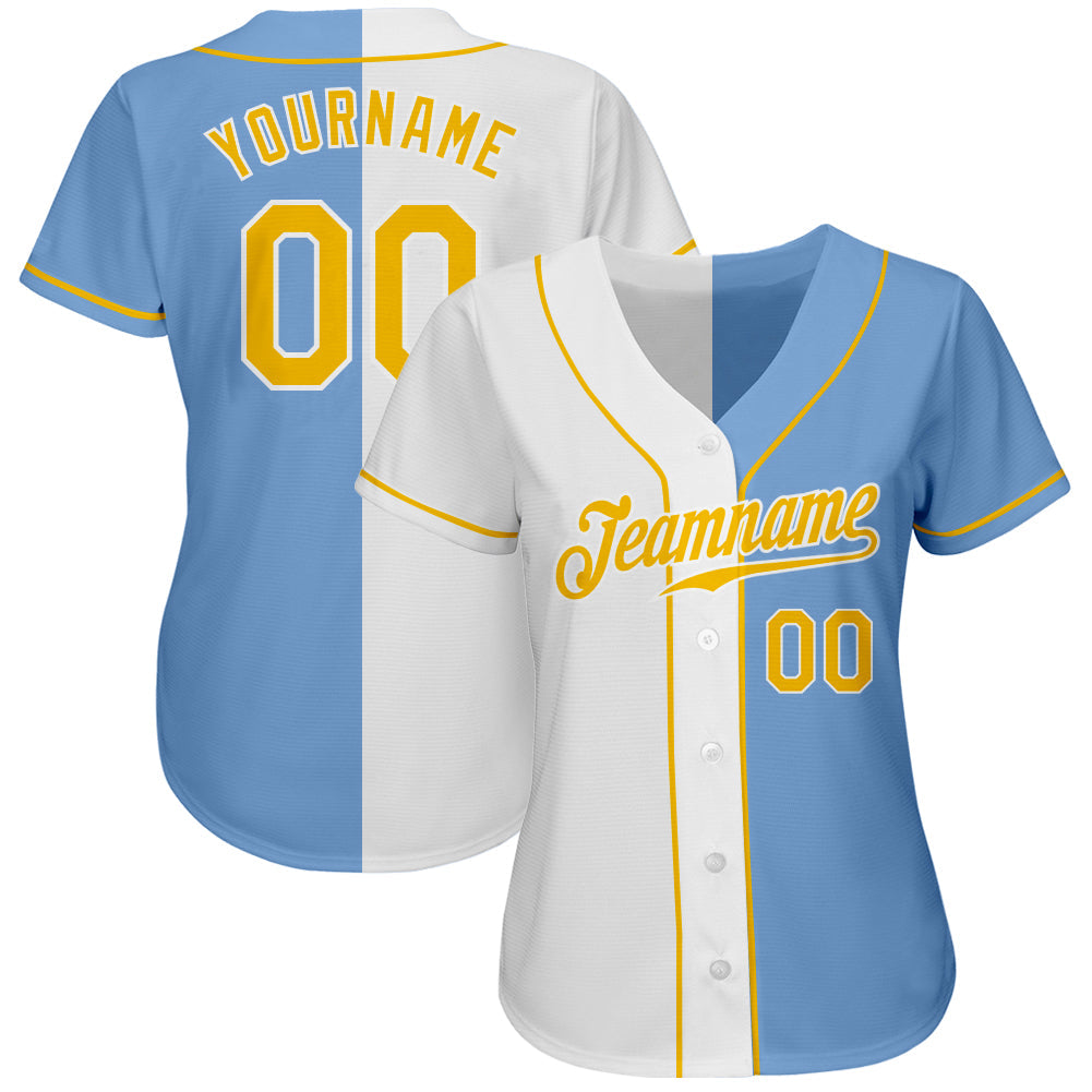 Custom Light Blue Gold-White Authentic Split Fashion Baseball Jersey - Sky-Custom