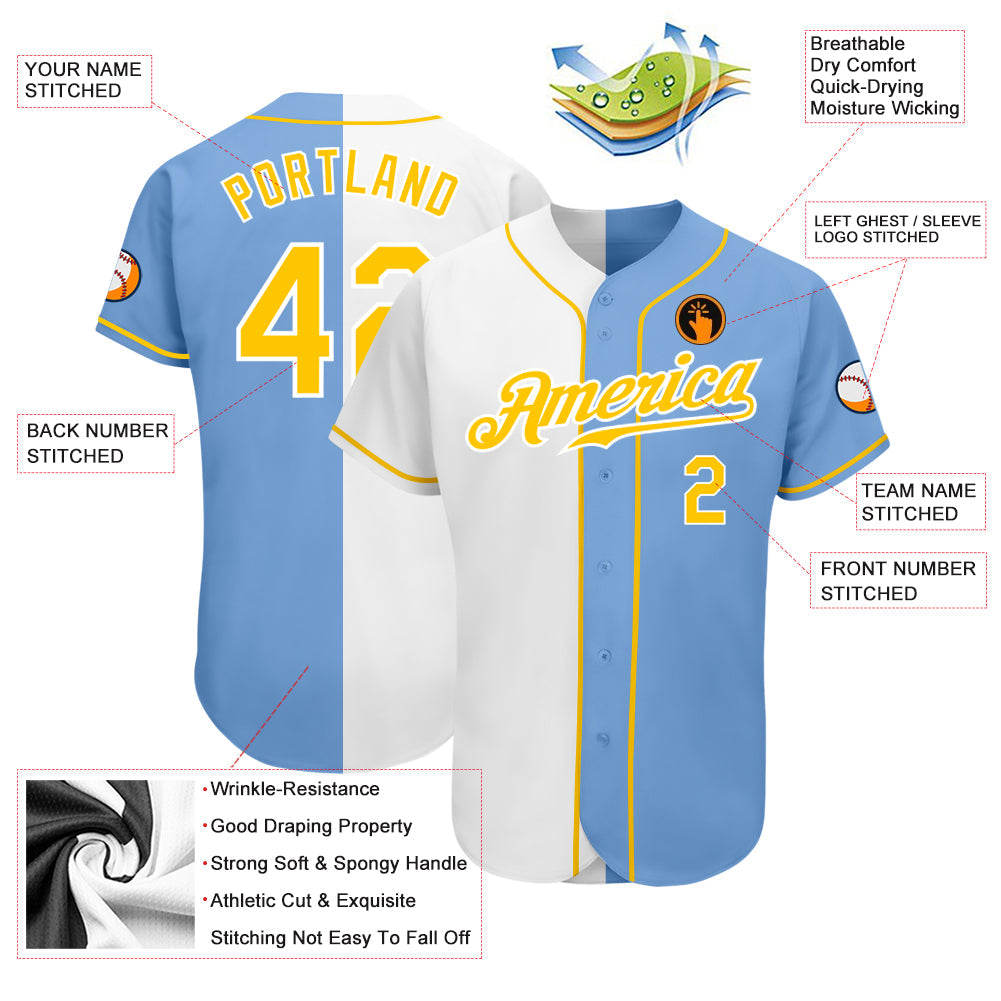 Custom Light Blue Gold-White Authentic Split Fashion Baseball Jersey - Sky-Custom