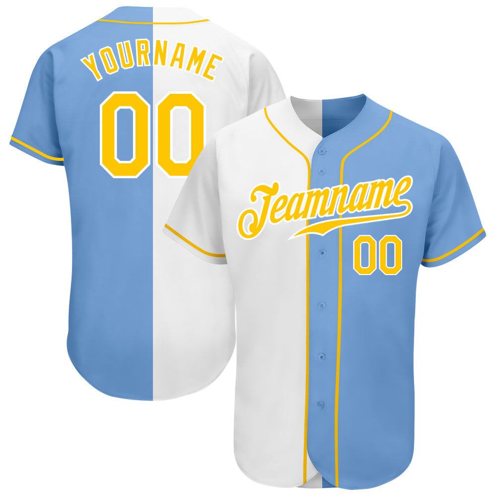 Custom Light Blue Gold-White Authentic Split Fashion Baseball Jersey - Sky-Custom