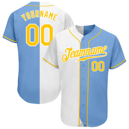 Custom Light Blue Gold-White Authentic Split Fashion Baseball Jersey - Sky-Custom