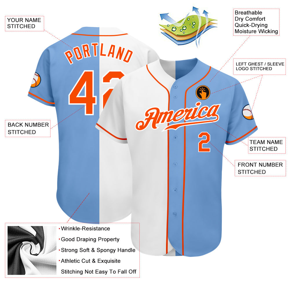 Custom Light Blue Orange-White Authentic Split Fashion Baseball Jersey - Sky-Custom
