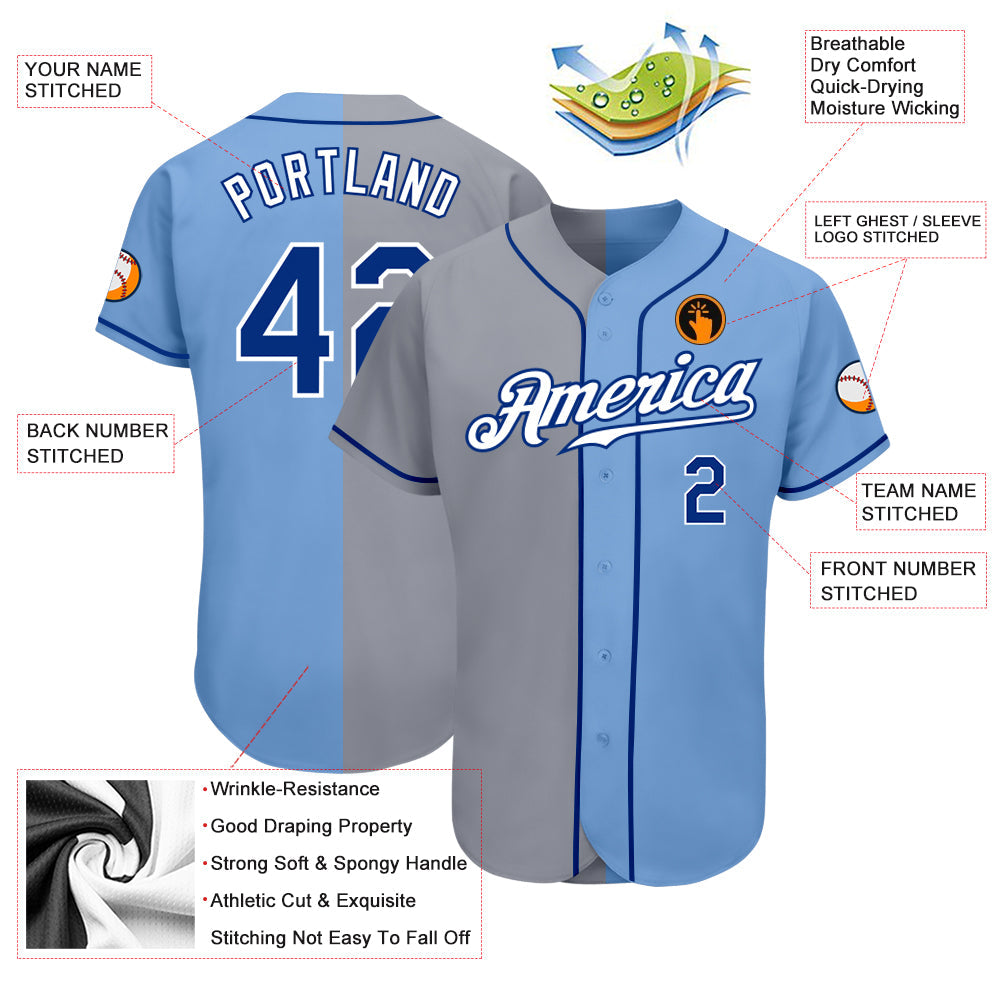Custom Light Blue Royal-Gray Authentic Split Fashion Baseball Jersey - Sky-Custom