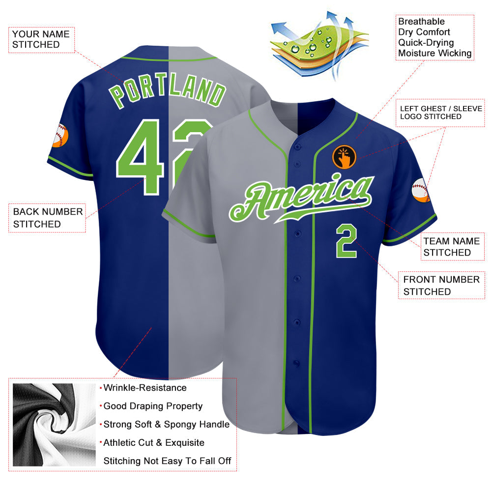 Custom Royal Neon Green-Gray Authentic Split Fashion Baseball Jersey - Sky-Custom