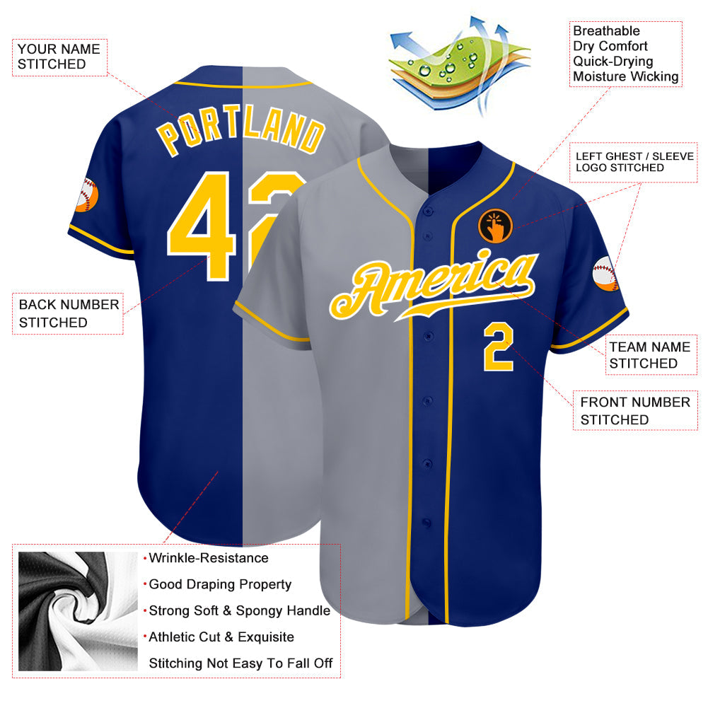 Custom Royal Gold-Gray Authentic Split Fashion Baseball Jersey - Sky-Custom